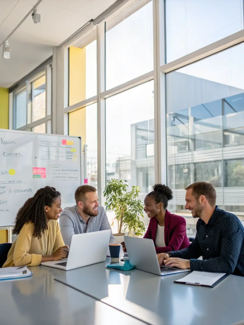 A team of professionals engaged in a brainstorming session in one of the meeting rooms at Palmstone Farmhouse. The image should convey productivity, collaboration, and a refreshing change of scenery from the typical office environment.