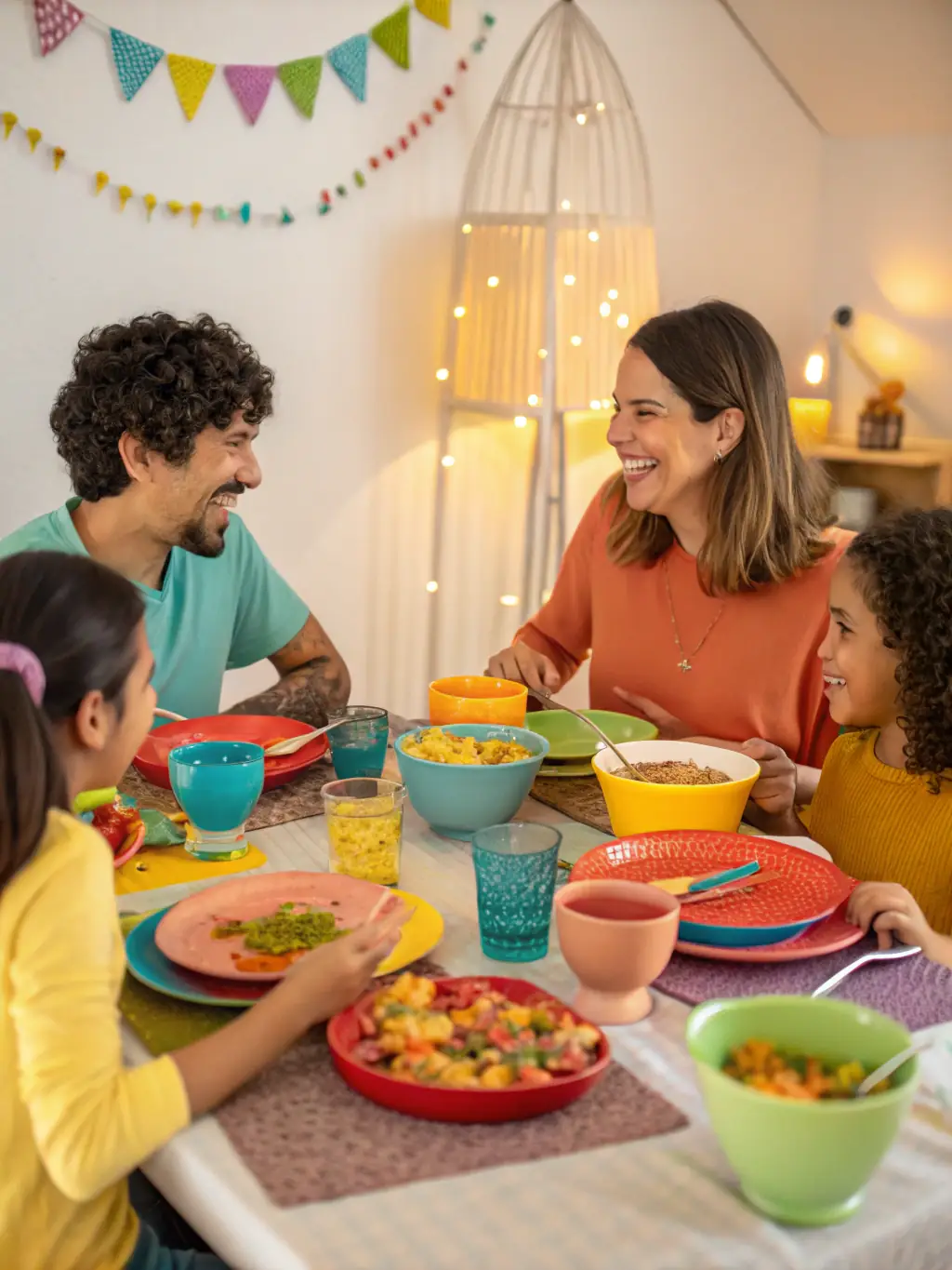 A large family gathered around a dining table at Palmstone Farmhouse, laughing and enjoying a meal together. The image should convey warmth, togetherness, and the joy of shared moments in a beautiful setting.