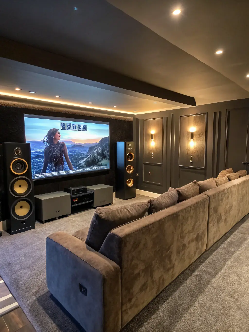 A photograph of the cinema room at Palmstone Farmhouse, featuring comfortable seating, a large screen, and dimmed lighting for an immersive movie experience.