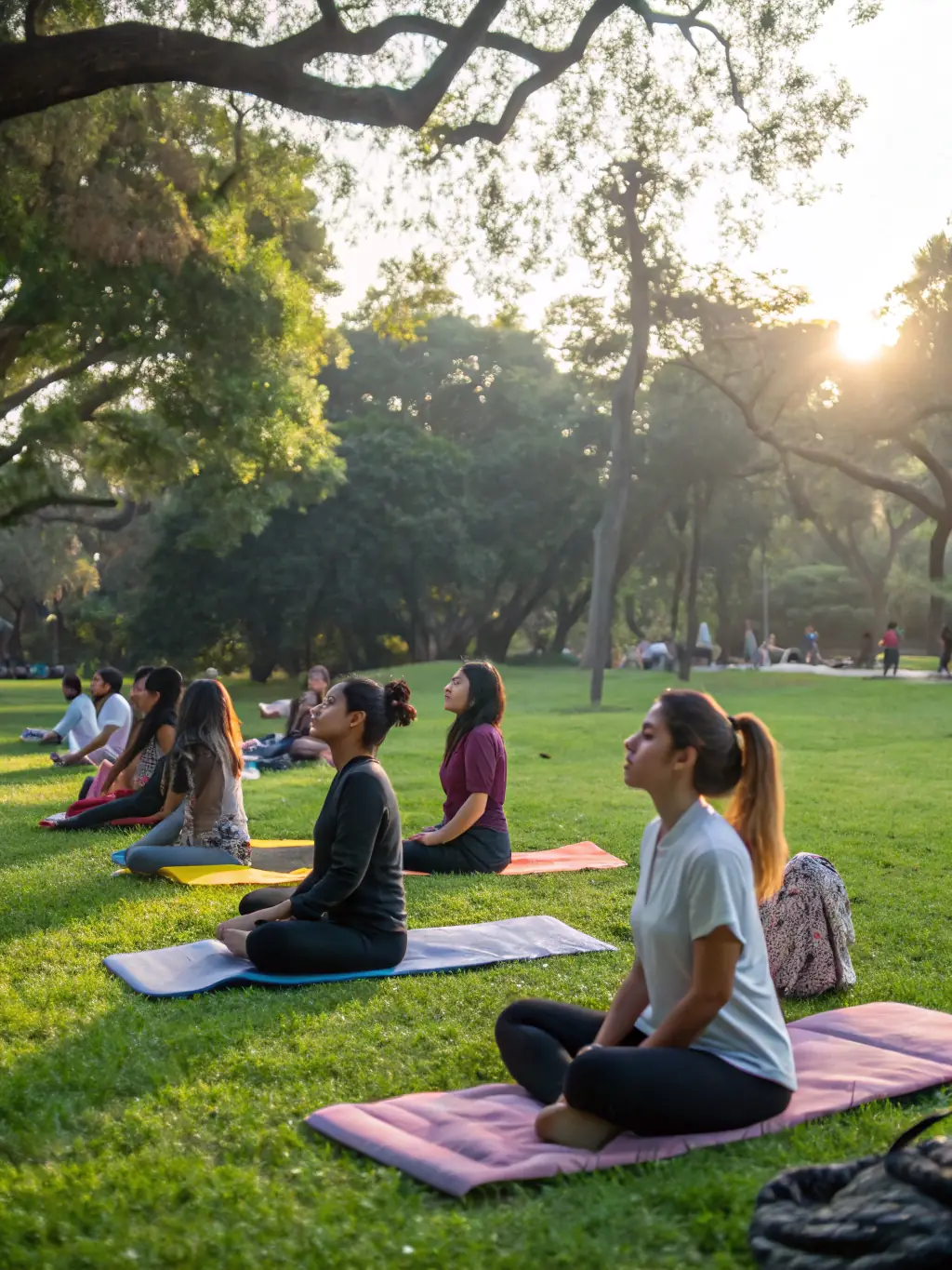 A group of people practicing yoga on the lawn at Palmstone Farmhouse, surrounded by nature. The image should evoke a sense of peace, relaxation, and rejuvenation.
