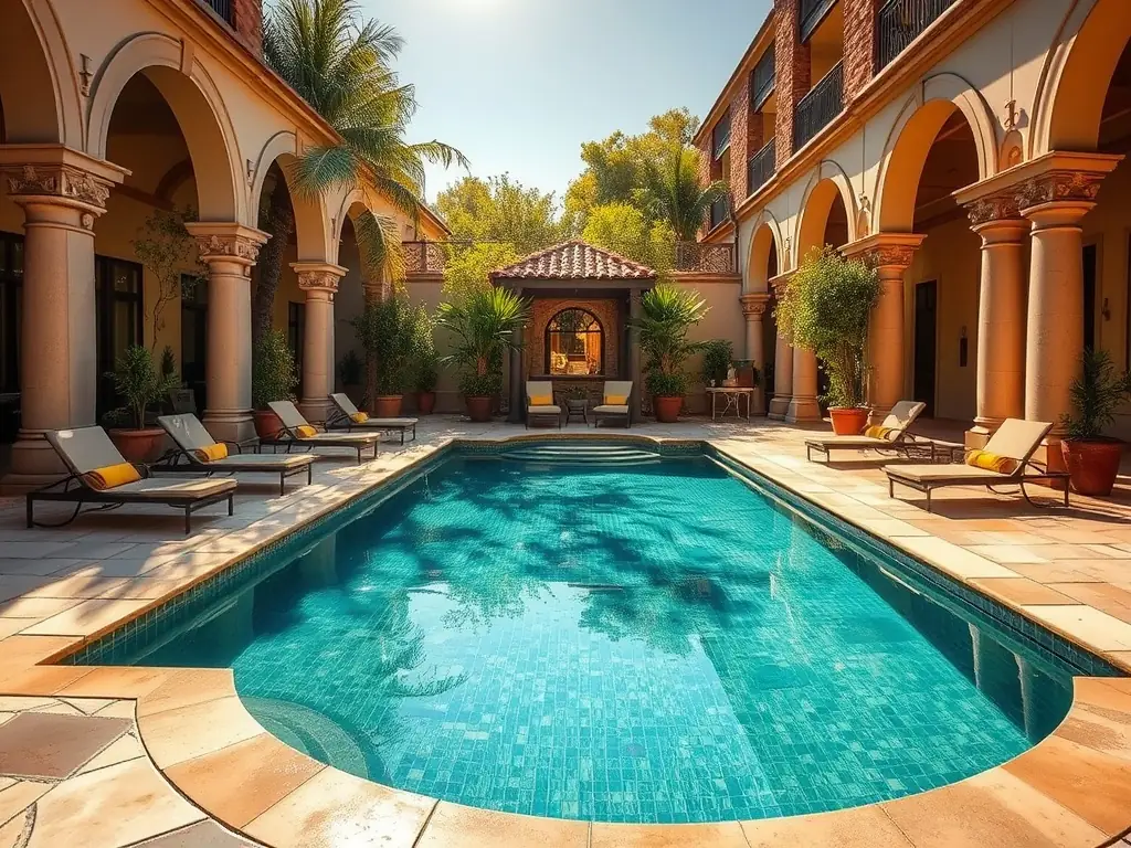 A photograph of the pool house facilities, including the changing room and W/Cs. The image should convey a sense of convenience and luxury for guests enjoying the outdoor amenities.
