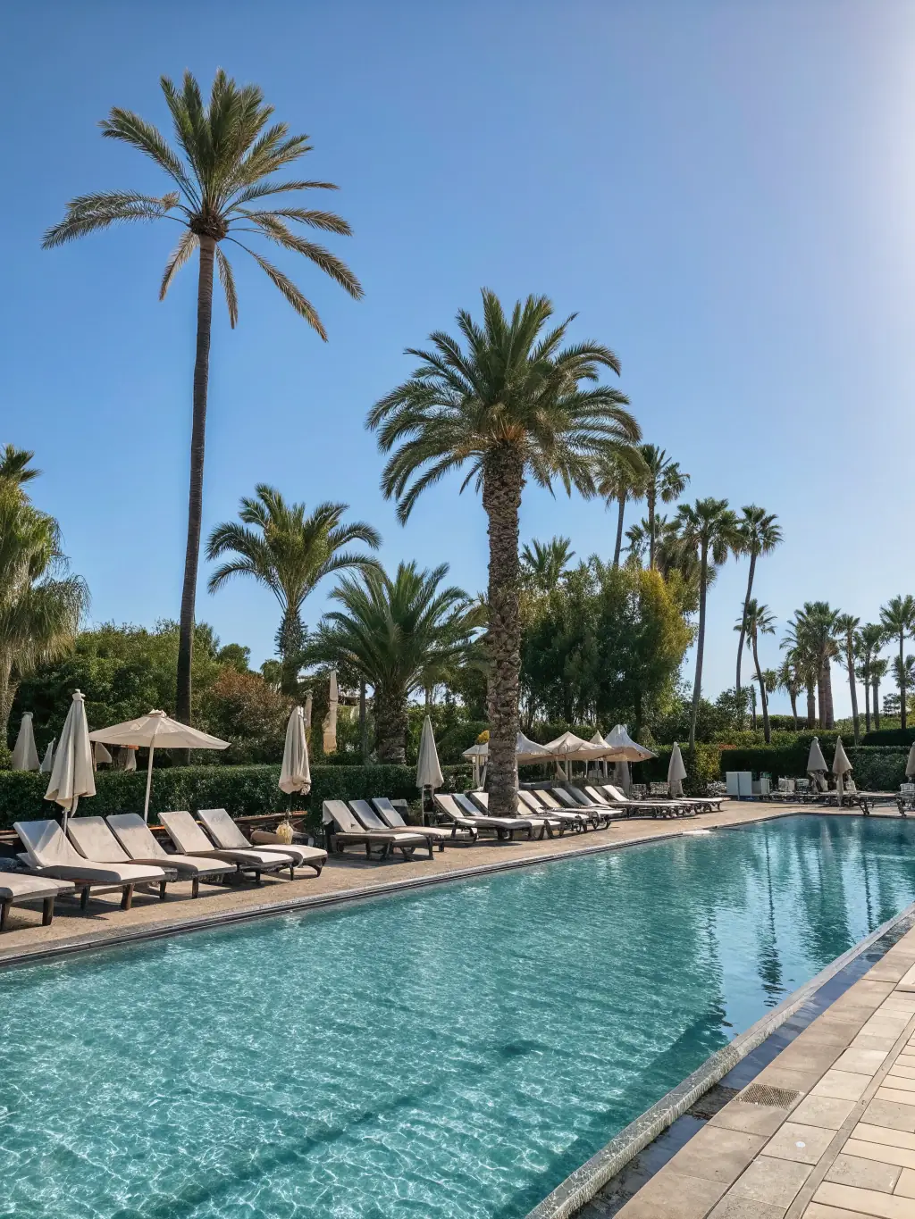 A photograph showcasing the heated outdoor swimming pool at Palmstone Farmhouse, with clear blue water and comfortable lounge chairs around the pool deck, under a sunny sky.