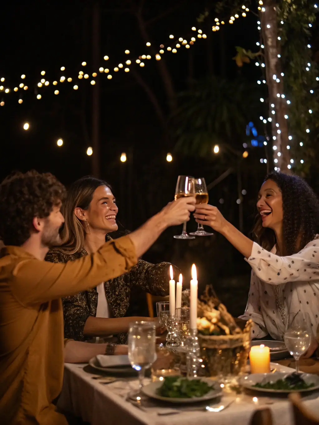 A group of friends toasting with champagne glasses at Palmstone Farmhouse, celebrating a milestone birthday. The image should capture the excitement and celebratory atmosphere of a special occasion.
