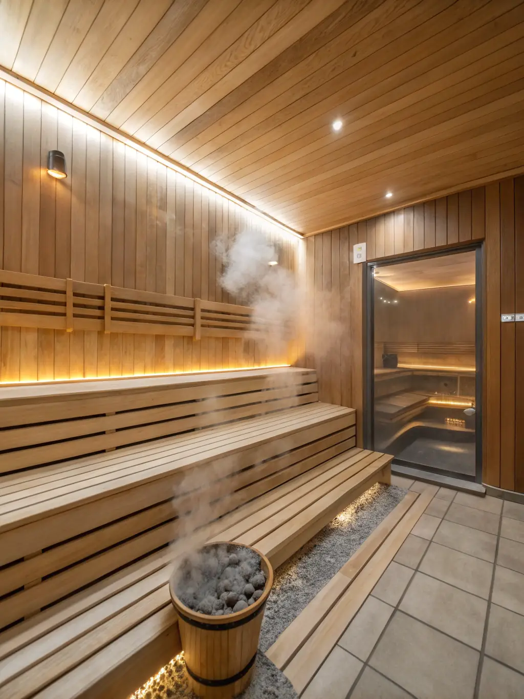 An image of the sauna at Palmstone Farmhouse, showing the wooden interior and heated stones, creating a warm and inviting atmosphere.