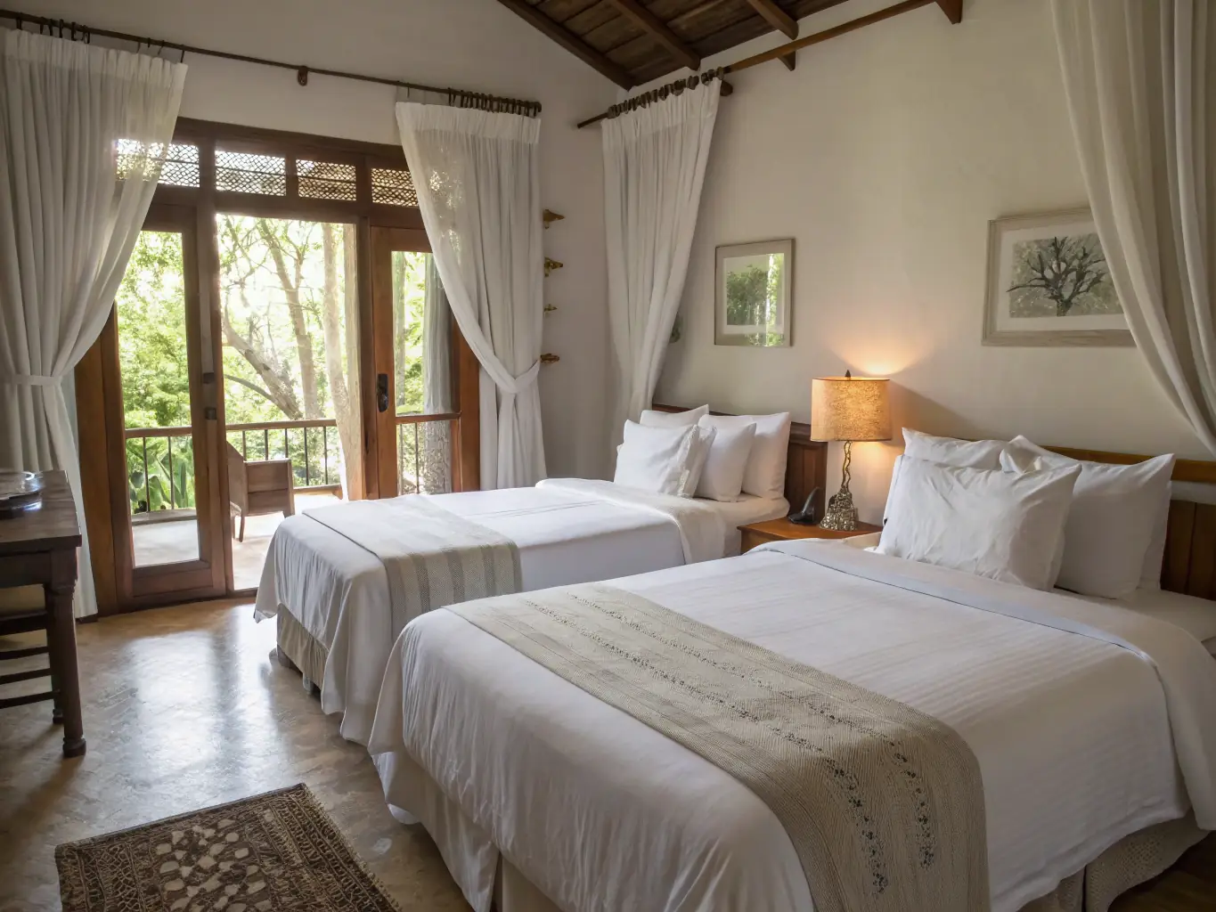 A bright and airy photograph of one of the ensuite bedrooms, featuring a double or twin bed and a modern bathroom. The image should highlight the cleanliness and comfort of the space.