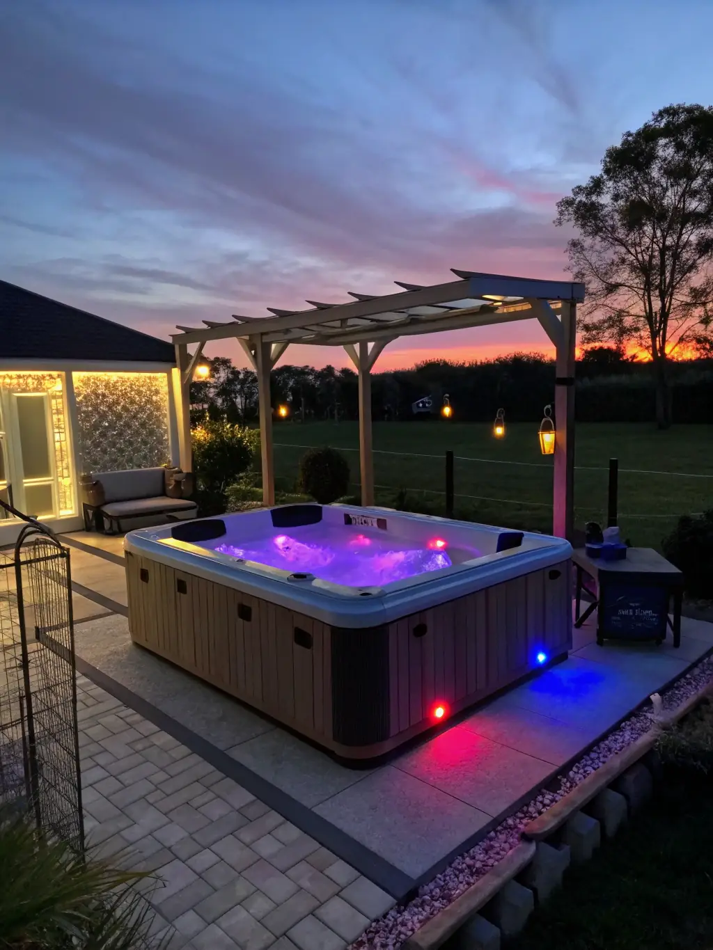 A photograph of the hot tub at Palmstone Farmhouse, steaming gently with bubbles, surrounded by lush greenery and soft lighting for a relaxing ambiance.