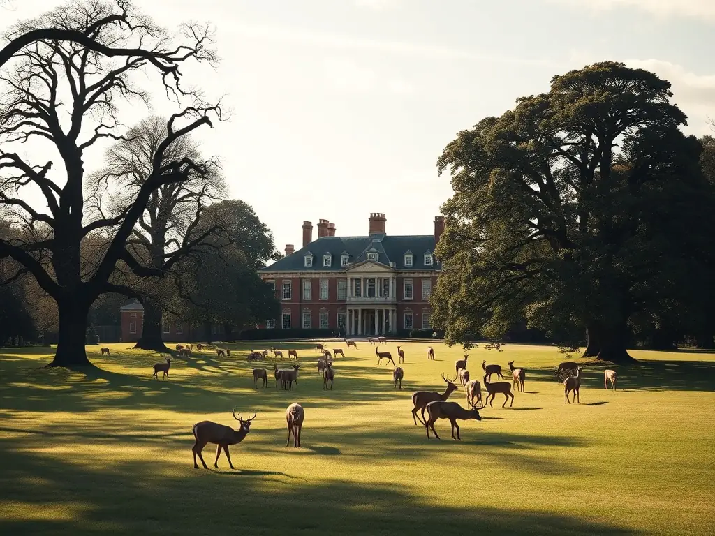 A scenic image of Knole Park with its historic stately home, ancient deer park, and lush greenery, under a bright sky, capturing the essence of Kent’s heritage and natural beauty for a luxury hotel website.