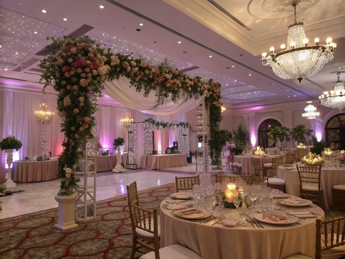 A beautifully decorated dining room set for a wedding reception, featuring elegant table settings, floral arrangements, and large windows overlooking lush gardens, capturing the romantic ambiance of a luxury countryside wedding venue.