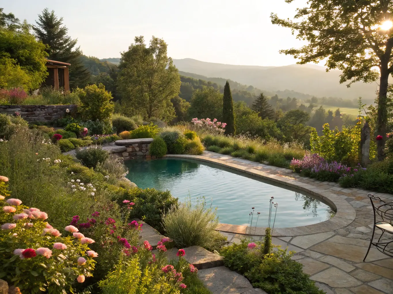 A sunlit, palm tree-lined swimming pool area with luxury loungers, surrounded by manicured gardens and the historic farmhouse in the background, perfect for summer parties and outdoor celebrations at a countryside estate.