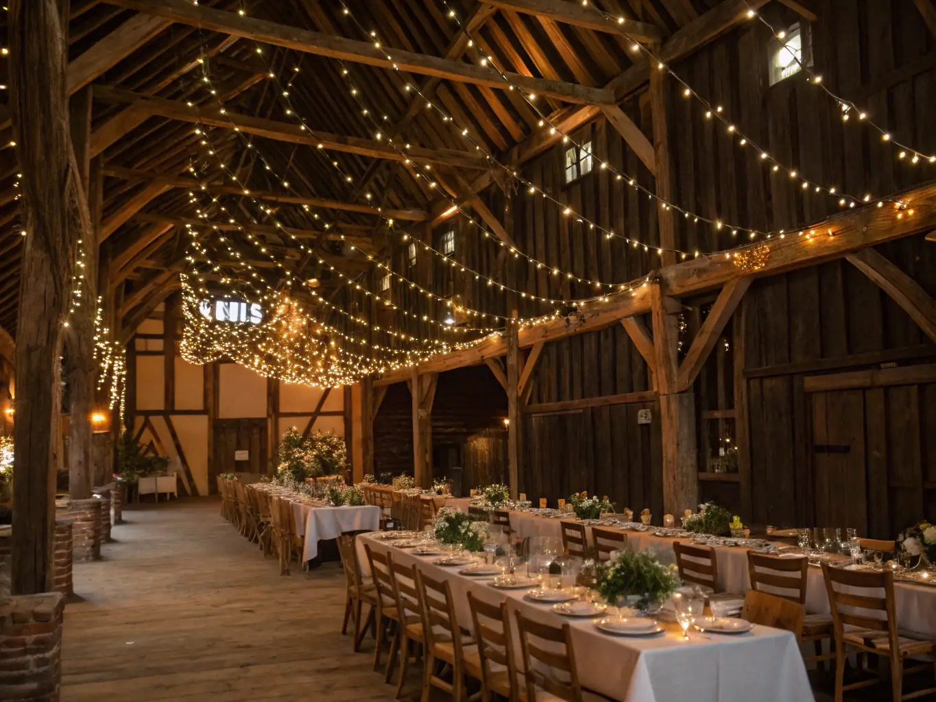 A beautifully decorated barn-style event hall with exposed beams, elegant chandeliers, and banquet tables set for a wedding reception, surrounded by lush countryside views at Palmstone Farmhouse.
