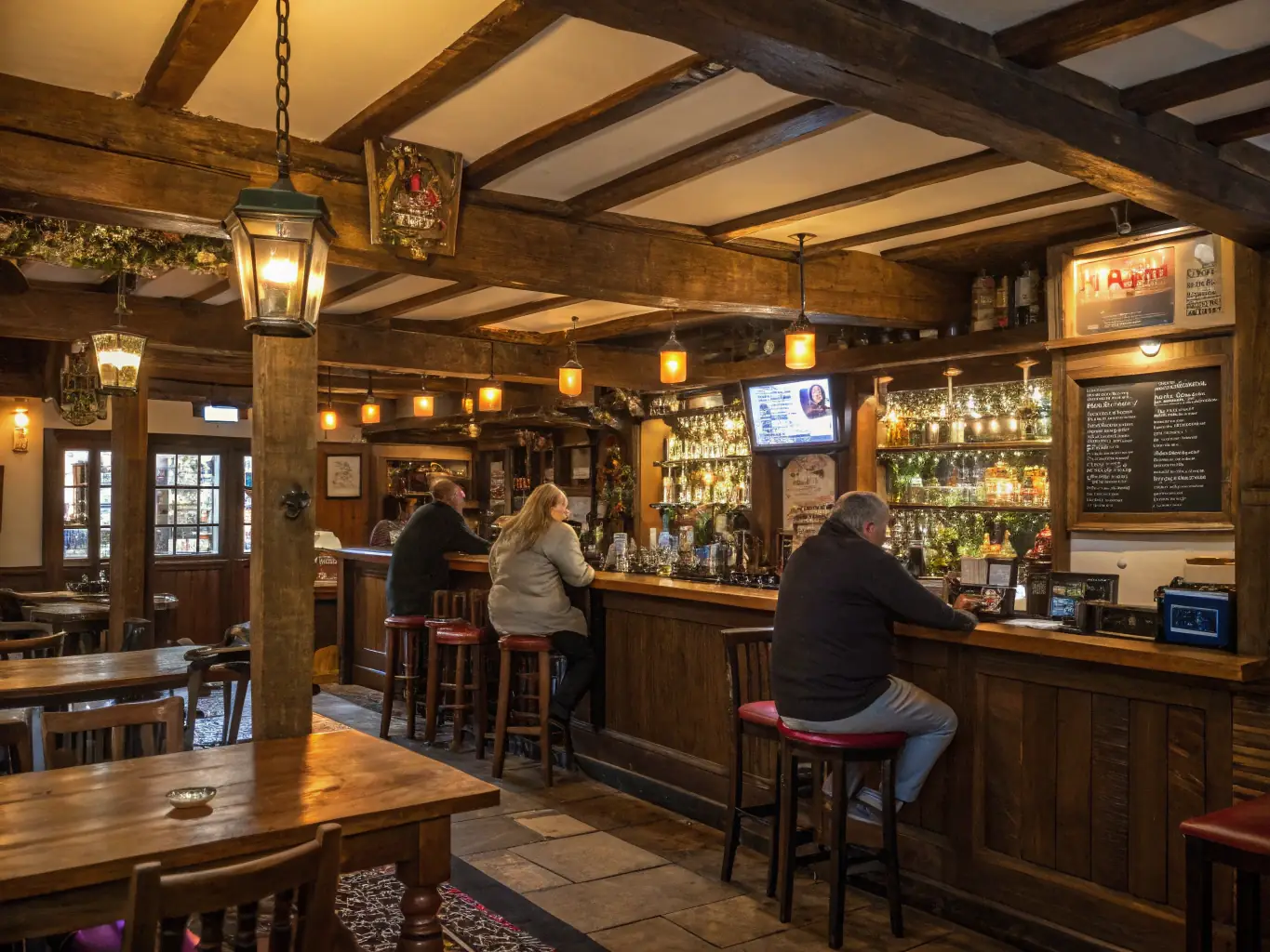 A cozy, inviting image of a traditional Kentish pub with rustic wooden interiors, a roaring fireplace, and guests enjoying gourmet food and local ales, perfect for a luxury hotel’s local dining guide.
