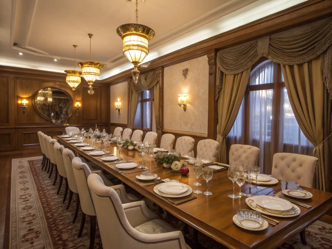A cozy, private dining room with a grand piano, candlelit table settings, and vintage décor, prepared for an intimate family gathering or executive dinner at Palmstone Farmhouse.
