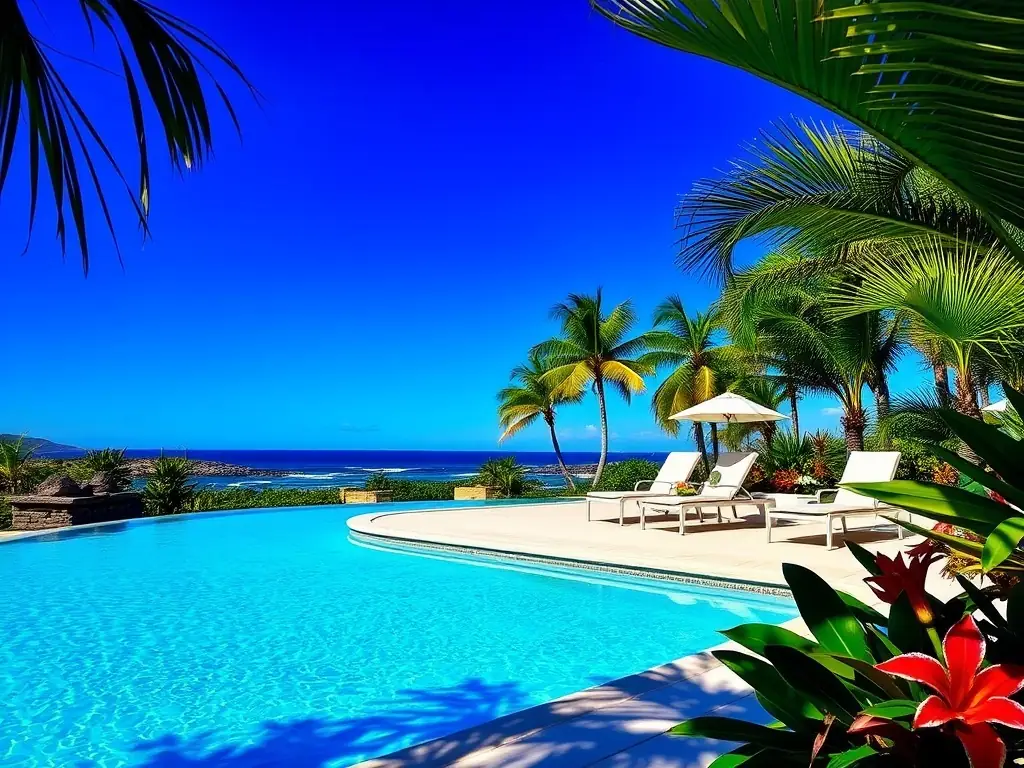 A sunlit outdoor pool area lined with palm trees, featuring a stylish lounge setup, floral arrangements, and a canopy for a summer garden party at Palmstone Farmhouse.